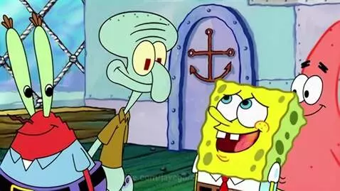 Spongebob, Patrick, Mr. Krabs, and Squidward characters from Spongebob Squarepants. Squidward is speaking.