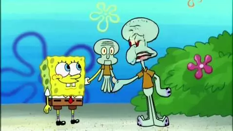Spongebob Squarepants looking mischievous while holding a miniature Squidward, who looks distressed.