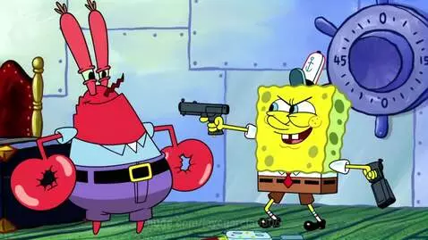 Spongebob holding a gun, pointing it at Mr. Krabs, who is bleeding.