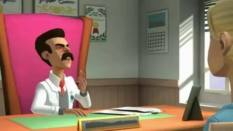 Man in lab coat argues with a woman about a lab not being ready, in an office setting.