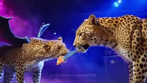 A bat leopard on a stage with purple and blue lights, next to a pizza box with blue and orange pizza slices.