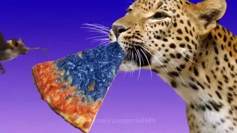 A leopard being fed a slice of blue cheese pizza by a bat in a surreal advertisement.