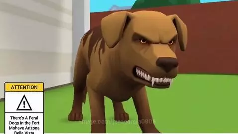 Two animated men running from an aggressive brown dog with bared teeth in a backyard.