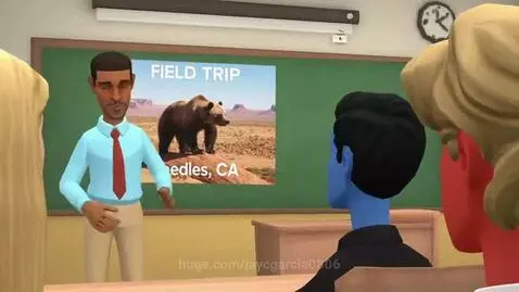 Animated male teacher in a blue shirt and red tie stands before a classroom, announcing a field trip to Needles, CA.