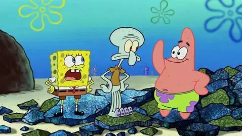 Spongebob angry at Patrick, who is smiling, with Squidward in the background amidst blue and green debris.