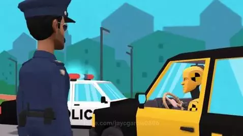 Two crash test dummies in a car, one being spoken to by a police officer.
