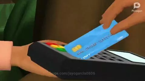 Plotagon animation: Man with mustache holds DVD "72 Cutest Animals", customer pays with credit card.