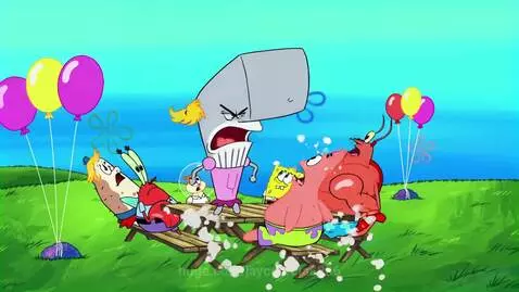 Spongebob characters at a picnic table, with Pearl yelling and spitting water at a shocked Mr. Krabs, Spongebob, and Patrick.