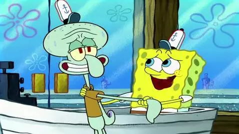 Spongebob Squarepants and Squidward Tentacles in sailor hats, with Spongebob pulling Squidward's arm in panic.