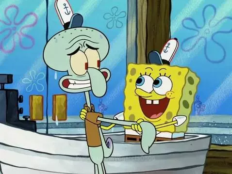 Spongebob Squarepants looking concerned at Squidward Tentacles, who is sweating and distressed, warning him about jellyfish.
