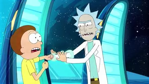 Animated characters Rick and Morty arguing, with Morty biting Rick's hand over a pizza dispute.