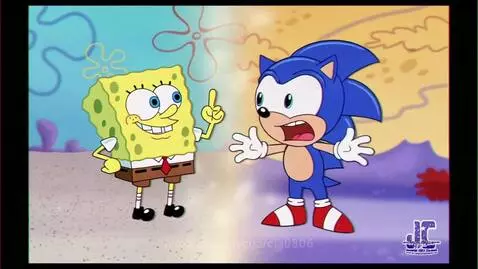 Spongebob smiling and pointing up, while Sonic the Hedgehog looks distressed and is kicked by Spongebob.