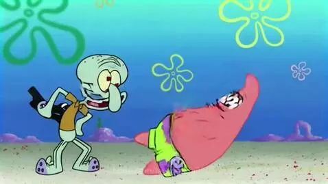 Spongebob, Patrick, and Squidward scene. Squidward holds a gun, Patrick lies on the ground.