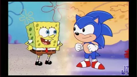 Split screen showing Spongebob Squarepants on the left and Sonic the Hedgehog on the right, with Spongebob asking Sonic about Pizza Hut.