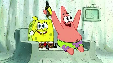 Spongebob holding a handgun and pointing it at a distressed Patrick on a couch.