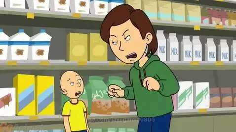 Animated adult Boris yelling and shaking animated child Caillou in a grocery store aisle.
