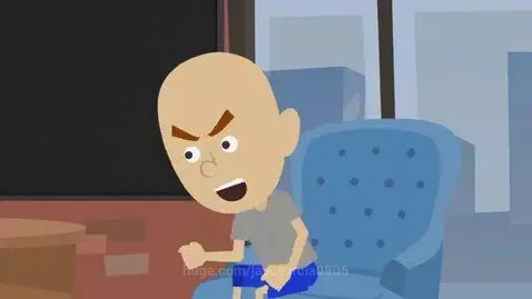 Animated characters Boris and Caillou fighting, with another character watching.