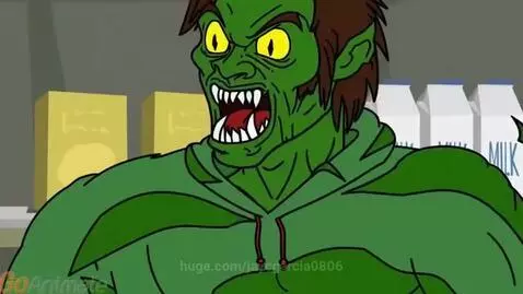 A bald child, Caillou, transforms into a green monster and is arrested by a police officer in a grocery store.