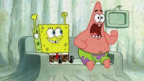 Spongebob looks scared as Patrick transforms into a purple monster with horns and sharp teeth.