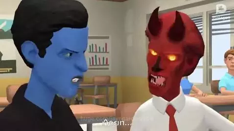 Blue-skinned character assaults brown-skinned character in a classroom, leading to an arrest by a police officer.