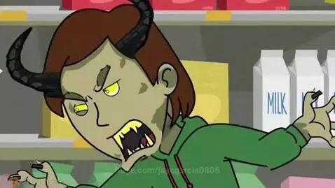 Green monster with horns and glowing eyes roaring at Caillou in a supermarket aisle.