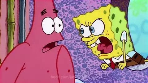 Spongebob screaming in terror as Patrick transforms into a monstrous, enraged character with purple eyes.