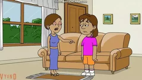Animated woman scolding a sad girl with arms crossed in a living room.
