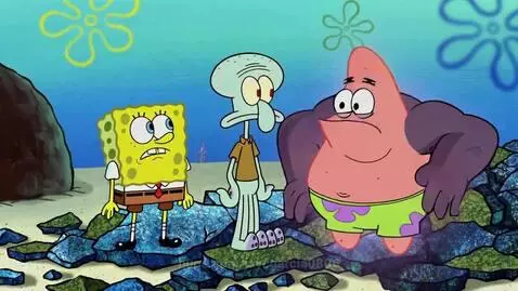 Spongebob and Squidward watch as Patrick transforms into a large, muscular purple monster with glowing red eyes.