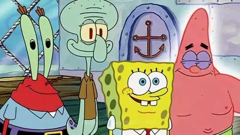 Spongebob, Squidward, and Mr. Krabs react in fear as Patrick transforms into a monstrous creature with sharp teeth.