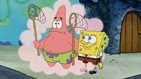 Spongebob and Sonic look scared as a monstrous Patrick roars with sharp teeth.