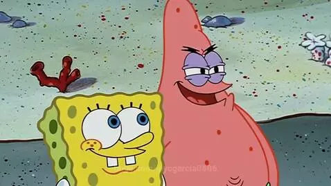 Spongebob and Patrick with wide-open mouths screaming, Patrick has red eyes and an evil grin.