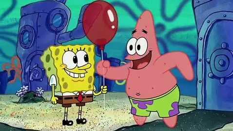 Spongebob Squarepants looking terrified as Patrick Star transforms into a large, spiky purple monster.