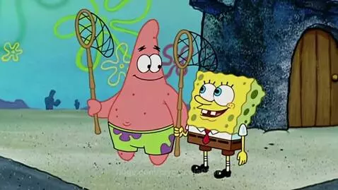SpongeBob and Patrick on the ocean floor holding butterfly nets, with surprised expressions.