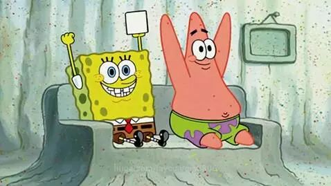Spongebob looks concerned as Patrick transforms into a muscular, enraged character with Sonic characters nearby.