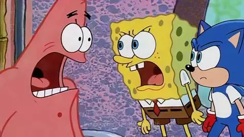 Spongebob and Sonic look angry as Patrick transforms into a large, red monster with glowing eyes and sharp teeth.