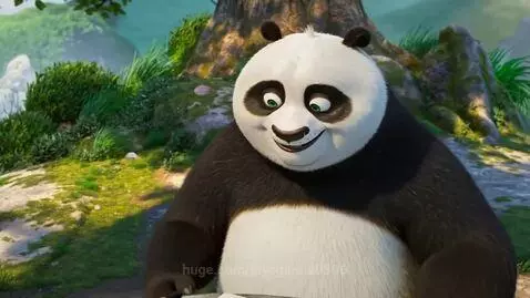 Po the panda sitting under a tree outdoors, smiling and writing with a brush.