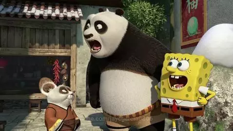 Spongebob Squarepants yelling at Po, who is transforming with flames and roaring aggressively.