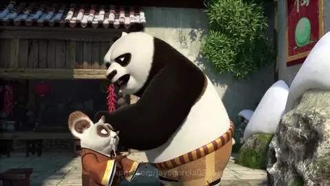 Po the panda and Master Shifu the red panda in a snowy village, discussing a trip to Denmark.