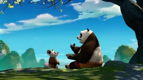 Po and Master Shifu from Kung Fu Panda sitting on a green hill under a tree, with blue sky and mountains in the background.