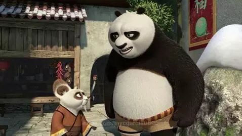 Animated panda Po and red panda Shifu talking in a village setting. Shifu hands Po a small red object.