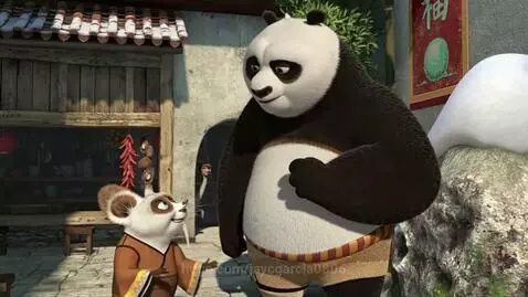 Po the panda and Shifu the red panda in a traditional Chinese village setting, discussing pizza in Denmark.