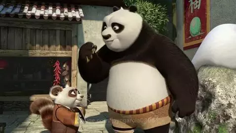 Po the panda smiling and adjusting his waistband, with a smaller red panda-like character nearby.
