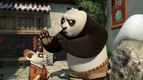 Shifu the red panda character makes a rude hand gesture towards Po the panda in a scene from Kung Fu Panda.