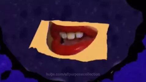 Klasky Csupo animation with yellow cutouts of realistic eyes and mouth on a purple ink splatter background.