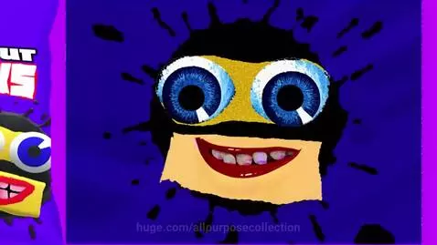 Cartoon face with large blue eyes and purple teeth on a black ink splat background, promoting Super Sour Splat Snacks.