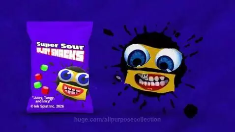 Purple bag of Super Sour Splaat Snacks with a cartoon ink-splat character on a blue background with floating cubes.
