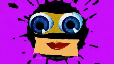 Animated purple snack bag with a talking face, next to falling red and green gummy candies on a purple background with ink splats.