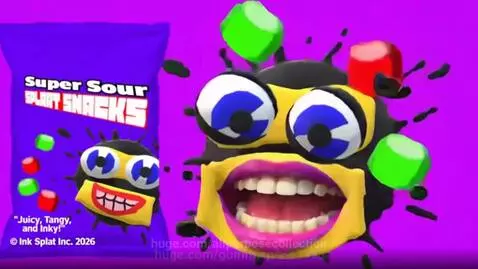 Animated black ink splat character with eyes and mouth speaking next to Super Sour Splaat Snacks bag.