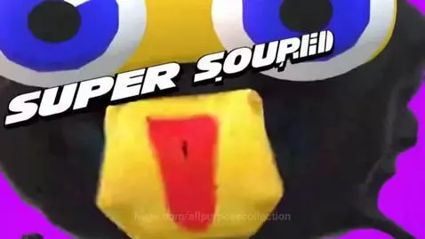 Animated character with blue eyes and yellow grin, holding Super Sour Splaat Snacks bag with colorful spheres.