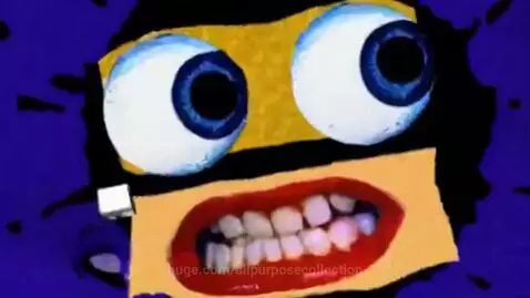 Klasky Csupo-style cartoon face with large eyes and red lips on a dark background, questioning its existence.